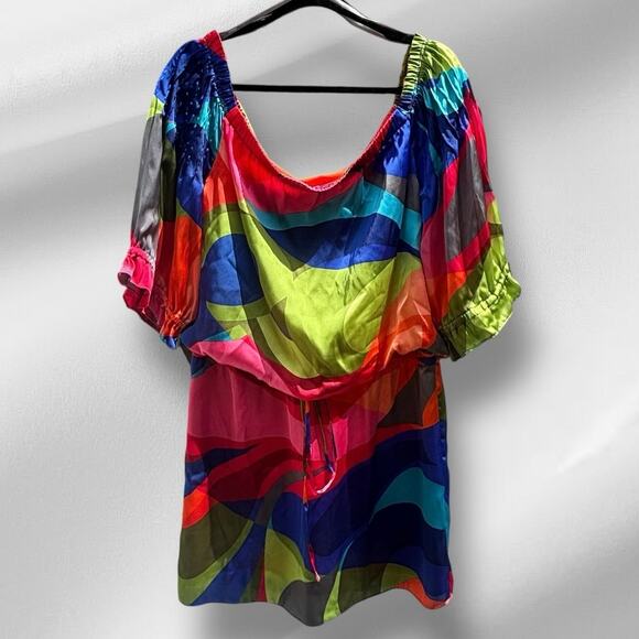 Muse Woman’s Colorful Satin Feel Geometric Print Short Dress 6 Elastic Waist - Picture 1 of 10